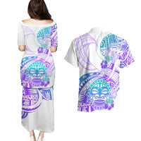 Kia Ora Maori New Zealand Pastel Couples Matching Puletasi Dress and Hawaiian Shirt Sun Ta Moko Violet Version LT01 - Polynesian Pride
