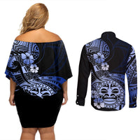 Aotearoa Kia Ora New Zealand Ta Moko Blue Version Couples Matching Off Shoulder Short Dress and Long Sleeve Button Shirt LT01 - Polynesian Pride