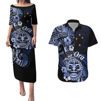 Aotearoa Kia Ora New Zealand Ta Moko Blue Version Couples Matching Puletasi Dress and Hawaiian Shirt LT01 Blue - Polynesian Pride