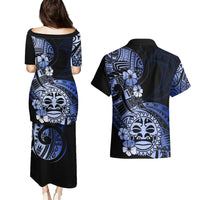 Aotearoa Kia Ora New Zealand Ta Moko Blue Version Couples Matching Puletasi Dress and Hawaiian Shirt LT01 - Polynesian Pride