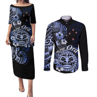 Aotearoa Kia Ora New Zealand Ta Moko Blue Version Couples Matching Puletasi Dress and Long Sleeve Button Shirt LT01 Blue - Polynesian Pride