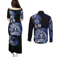 Aotearoa Kia Ora New Zealand Ta Moko Blue Version Couples Matching Puletasi Dress and Long Sleeve Button Shirt LT01 - Polynesian Pride