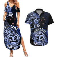 Aotearoa Kia Ora New Zealand Ta Moko Blue Version Couples Matching Summer Maxi Dress and Hawaiian Shirt LT01 Blue - Polynesian Pride