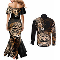 Aotearoa Kia Ora New Zealand Ta Moko Gold Version Couples Matching Mermaid Dress and Long Sleeve Button Shirt LT01 - Polynesian Pride