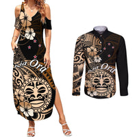Aotearoa Kia Ora New Zealand Ta Moko Gold Version Couples Matching Summer Maxi Dress and Long Sleeve Button Shirt LT01 Gold - Polynesian Pride
