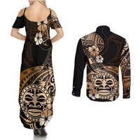 Aotearoa Kia Ora New Zealand Ta Moko Gold Version Couples Matching Summer Maxi Dress and Long Sleeve Button Shirt LT01 - Polynesian Pride