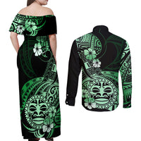 Aotearoa Kia Ora New Zealand Ta Moko Green Version Couples Matching Off Shoulder Maxi Dress and Long Sleeve Button Shirt LT01 - Polynesian Pride