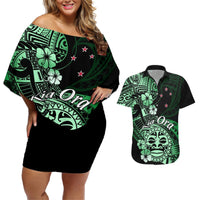 Aotearoa Kia Ora New Zealand Ta Moko Green Version Couples Matching Off Shoulder Short Dress and Hawaiian Shirt LT01 Green - Polynesian Pride