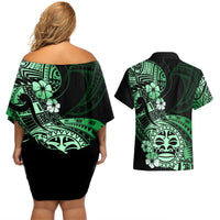 Aotearoa Kia Ora New Zealand Ta Moko Green Version Couples Matching Off Shoulder Short Dress and Hawaiian Shirt LT01 - Polynesian Pride