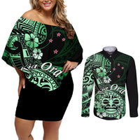 Aotearoa Kia Ora New Zealand Ta Moko Green Version Couples Matching Off Shoulder Short Dress and Long Sleeve Button Shirt LT01 Green - Polynesian Pride