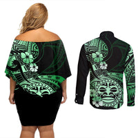 Aotearoa Kia Ora New Zealand Ta Moko Green Version Couples Matching Off Shoulder Short Dress and Long Sleeve Button Shirt LT01 - Polynesian Pride