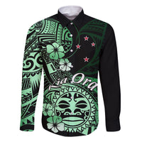 Aotearoa Kia Ora New Zealand Ta Moko Green Version Family Matching Off Shoulder Long Sleeve Dress and Hawaiian Shirt LT01 Dad's Shirt - Long Sleeve Green - Polynesian Pride