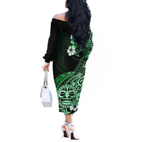Aotearoa Kia Ora New Zealand Ta Moko Green Version Off The Shoulder Long Sleeve Dress LT01 - Polynesian Pride
