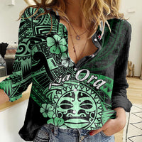 Aotearoa Kia Ora New Zealand Ta Moko Green Version Women Casual Shirt LT01 Female Green - Polynesian Pride
