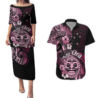 Aotearoa Kia Ora New Zealand Ta Moko Pink Version Couples Matching Puletasi Dress and Hawaiian Shirt LT01 Pink - Polynesian Pride