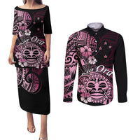 Aotearoa Kia Ora New Zealand Ta Moko Pink Version Couples Matching Puletasi Dress and Long Sleeve Button Shirt LT01 Pink - Polynesian Pride
