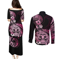 Aotearoa Kia Ora New Zealand Ta Moko Pink Version Couples Matching Puletasi Dress and Long Sleeve Button Shirt LT01 - Polynesian Pride