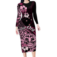 Aotearoa Kia Ora New Zealand Ta Moko Pink Version Family Matching Long Sleeve Bodycon Dress and Hawaiian Shirt LT01 Mom's Dress Pink - Polynesian Pride