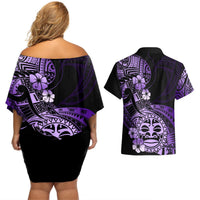 Aotearoa Kia Ora New Zealand Ta Moko Purple Version Couples Matching Off Shoulder Short Dress and Hawaiian Shirt LT01 - Polynesian Pride