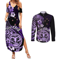 Aotearoa Kia Ora New Zealand Ta Moko Purple Version Couples Matching Summer Maxi Dress and Long Sleeve Button Shirt LT01 Purple - Polynesian Pride
