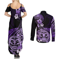 Aotearoa Kia Ora New Zealand Ta Moko Purple Version Couples Matching Summer Maxi Dress and Long Sleeve Button Shirt LT01 - Polynesian Pride