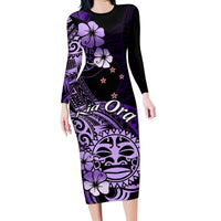 Aotearoa Kia Ora New Zealand Ta Moko Purple Version Family Matching Long Sleeve Bodycon Dress and Hawaiian Shirt LT01 Mom's Dress Purple - Polynesian Pride