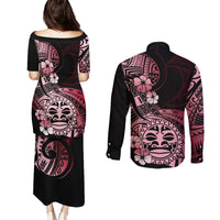 Aotearoa Kia Ora New Zealand Ta Moko Red Version Couples Matching Puletasi Dress and Long Sleeve Button Shirt LT01 - Polynesian Pride