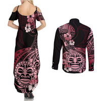 Aotearoa Kia Ora New Zealand Ta Moko Red Version Couples Matching Summer Maxi Dress and Long Sleeve Button Shirt LT01 - Polynesian Pride