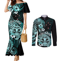 Aotearoa Kia Ora New Zealand Ta Moko Turquoise Version Couples Matching Mermaid Dress and Long Sleeve Button Shirt LT01 Turquoise - Polynesian Pride