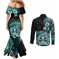 Aotearoa Kia Ora New Zealand Ta Moko Turquoise Version Couples Matching Mermaid Dress and Long Sleeve Button Shirt LT01 - Polynesian Pride