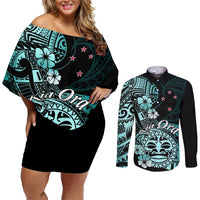 Aotearoa Kia Ora New Zealand Ta Moko Turquoise Version Couples Matching Off Shoulder Short Dress and Long Sleeve Button Shirt LT01 Turquoise - Polynesian Pride