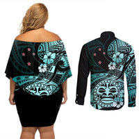 Aotearoa Kia Ora New Zealand Ta Moko Turquoise Version Couples Matching Off Shoulder Short Dress and Long Sleeve Button Shirt LT01 - Polynesian Pride