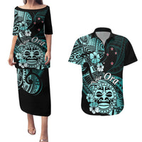 Aotearoa Kia Ora New Zealand Ta Moko Turquoise Version Couples Matching Puletasi Dress and Hawaiian Shirt LT01 Turquoise - Polynesian Pride