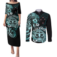 Aotearoa Kia Ora New Zealand Ta Moko Turquoise Version Couples Matching Puletasi Dress and Long Sleeve Button Shirt LT01 Turquoise - Polynesian Pride