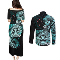 Aotearoa Kia Ora New Zealand Ta Moko Turquoise Version Couples Matching Puletasi Dress and Long Sleeve Button Shirt LT01 - Polynesian Pride
