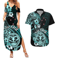 Aotearoa Kia Ora New Zealand Ta Moko Turquoise Version Couples Matching Summer Maxi Dress and Hawaiian Shirt LT01 Turquoise - Polynesian Pride