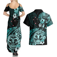 Aotearoa Kia Ora New Zealand Ta Moko Turquoise Version Couples Matching Summer Maxi Dress and Hawaiian Shirt LT01 - Polynesian Pride