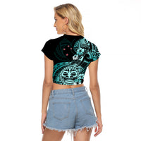 Aotearoa Kia Ora New Zealand Ta Moko Turquoise Version Raglan Cropped T Shirt LT01 - Polynesian Pride