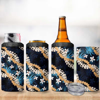 Puakenikeni Maile Lei 4 in 1 Can Cooler Tumbler Frangipani Blue Tropical Leaves
