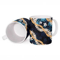 Puakenikeni Maile Lei Ceramic Mug Frangipani Blue Tropical Leaves