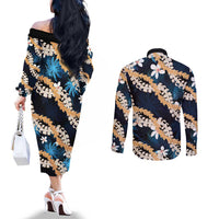 Puakenikeni Maile Lei Couples Matching Off The Shoulder Long Sleeve Dress and Long Sleeve Button Shirt Frangipani Blue Tropical Leaves LT01 - Polynesian Pride