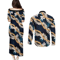 Puakenikeni Maile Lei Couples Matching Puletasi and Long Sleeve Button Shirt Frangipani Blue Tropical Leaves