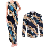 Puakenikeni Maile Lei Couples Matching Tank Maxi Dress and Long Sleeve Button Shirt Frangipani Blue Tropical Leaves