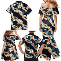 Puakenikeni Maile Lei Family Matching Mermaid Dress and Hawaiian Shirt Frangipani Blue Tropical Leaves LT01 - Polynesian Pride