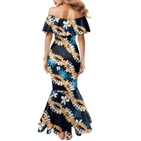 Puakenikeni Maile Lei Family Matching Mermaid Dress and Hawaiian Shirt Frangipani Blue Tropical Leaves LT01 - Polynesian Pride