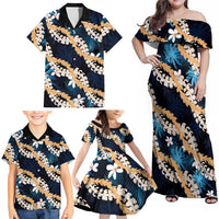 Puakenikeni Maile Lei Family Matching Off Shoulder Maxi Dress and Hawaiian Shirt Frangipani Blue Tropical Leaves LT01 - Polynesian Pride