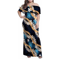 Puakenikeni Maile Lei Family Matching Off Shoulder Maxi Dress and Hawaiian Shirt Frangipani Blue Tropical Leaves LT01 Mom's Dress Blue - Polynesian Pride