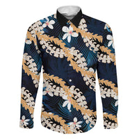 Puakenikeni Maile Lei Family Matching Off Shoulder Short Dress and Hawaiian Shirt Frangipani Blue Tropical Leaves LT01 Dad's Shirt - Long Sleeve Blue - Polynesian Pride
