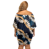 Puakenikeni Maile Lei Family Matching Off Shoulder Short Dress and Hawaiian Shirt Frangipani Blue Tropical Leaves LT01 - Polynesian Pride