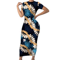 Puakenikeni Maile Lei Family Matching Short Sleeve Bodycon Dress and Hawaiian Shirt Frangipani Blue Tropical Leaves LT01 Mom's Dress Blue - Polynesian Pride
